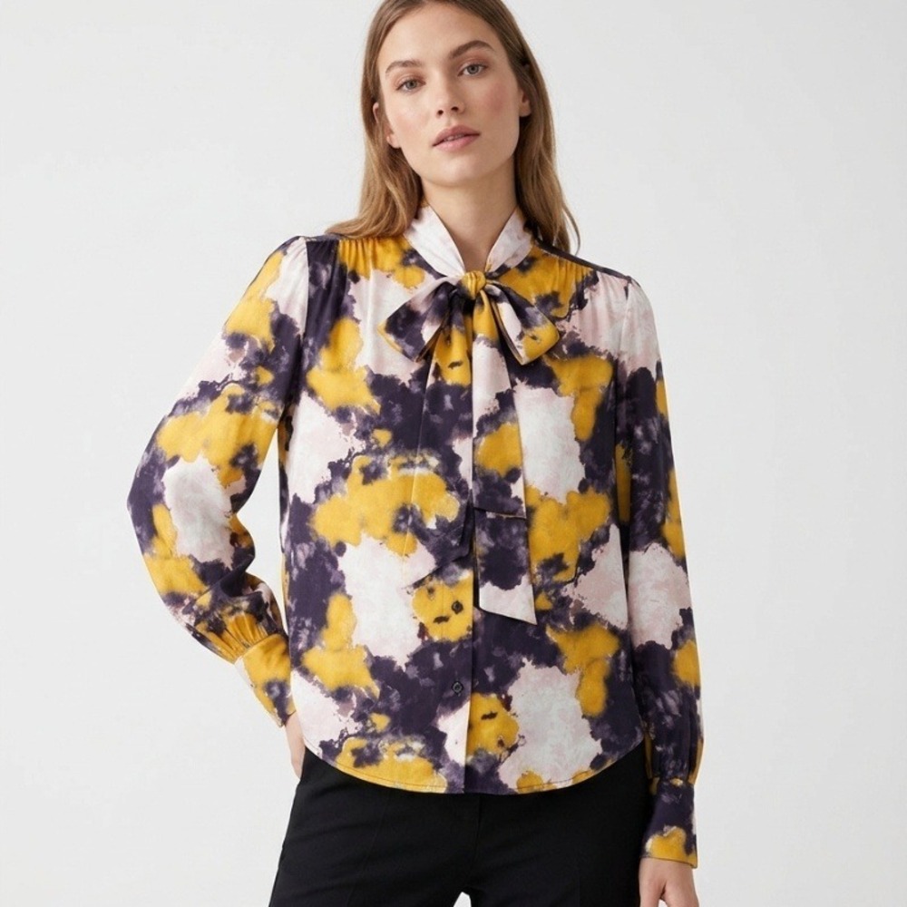 & Other Stories Stockholm Atelier Yellow Purple Abstract Tie Neck Blouse 10 NWT